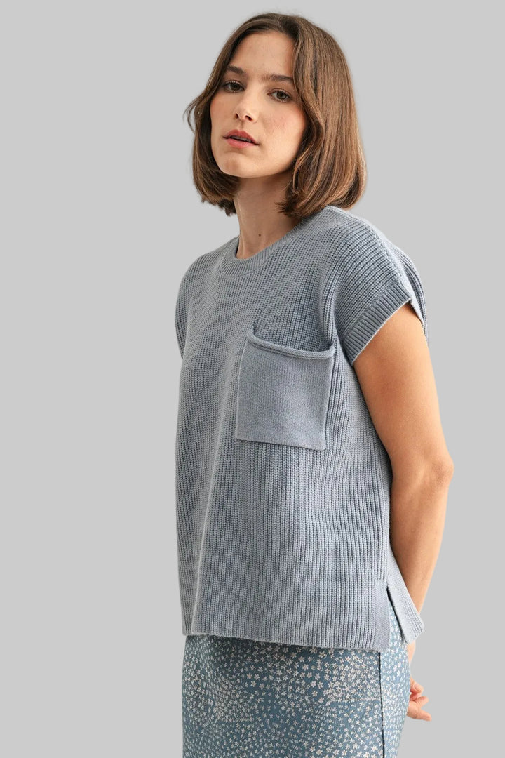 SHORT SLEEVE CREW NECK SWEATER - BLUE