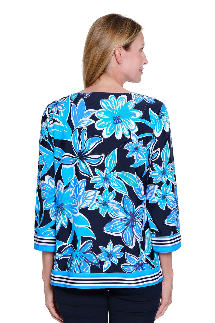 3/4 SLEEVE NOTCH NECK BANDED TOP - FLORAL MIDNIGHT/FRENCH BLUE