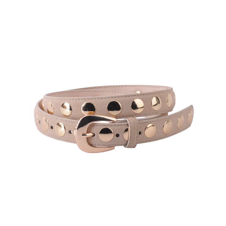 GOLD STUD DETAIL SUEDE BELT - BEIGE