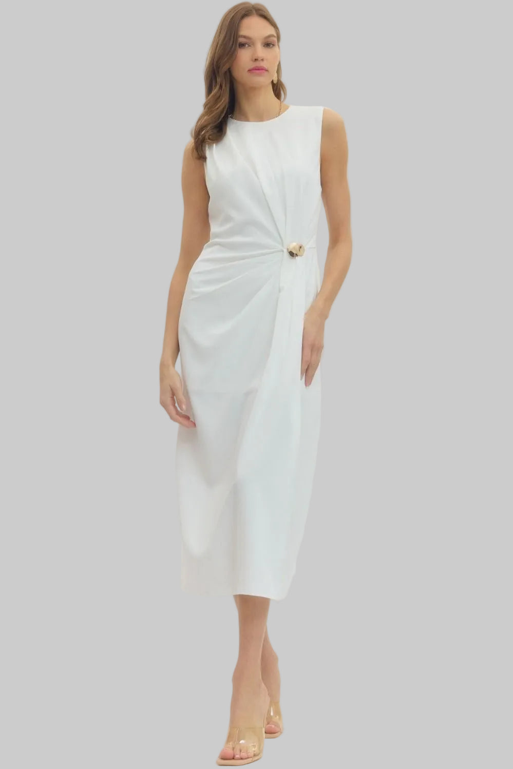 SLEEVELESS SLIT HEM PLEATED MIDI DRESS - OFF White SMALL SLEEVELESS SLIT HEM PLEATED MIDI DRESS - OFF White SMALL