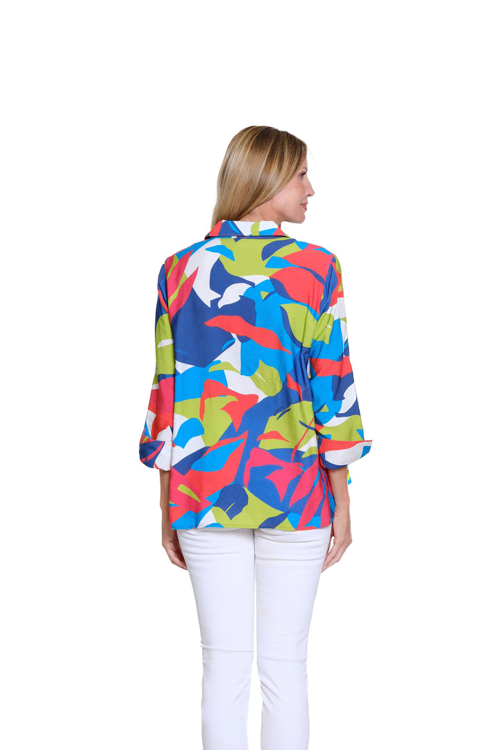 TURN-UP 3/4 SLEEVE BUTTON FRONT HI/LOW SHIRT - BOLD PRINT BLUE/LIME/CORAL
