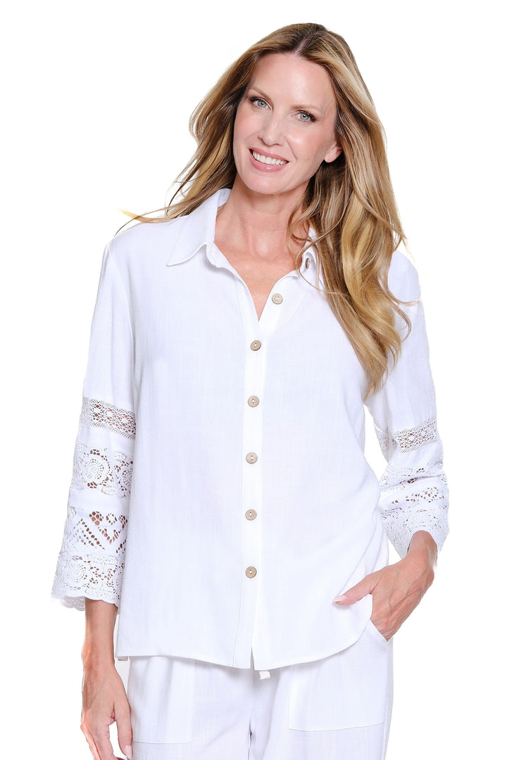 3/4 SLEEVE BUTTON FRONT SHIRT W/LACE TRIM - WHITE