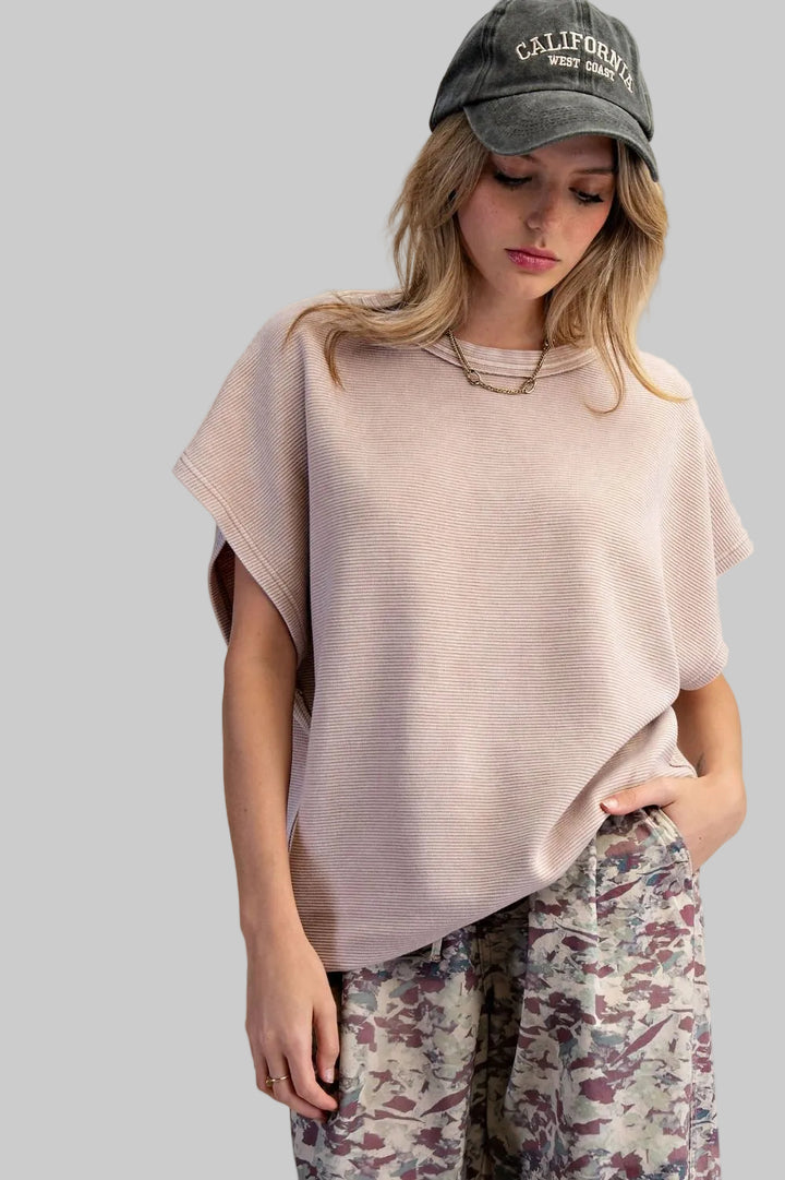 WIDE CAP SLEEVE TEXTURED OVERSIZED TOP - MUSHROOM