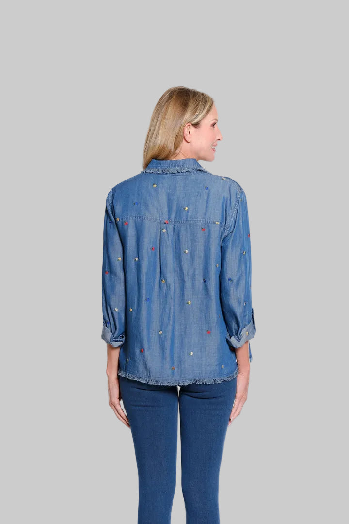 L/S ROLL TAB EMBROIDERED BUTTON FRONT TOP - DARK DENIM