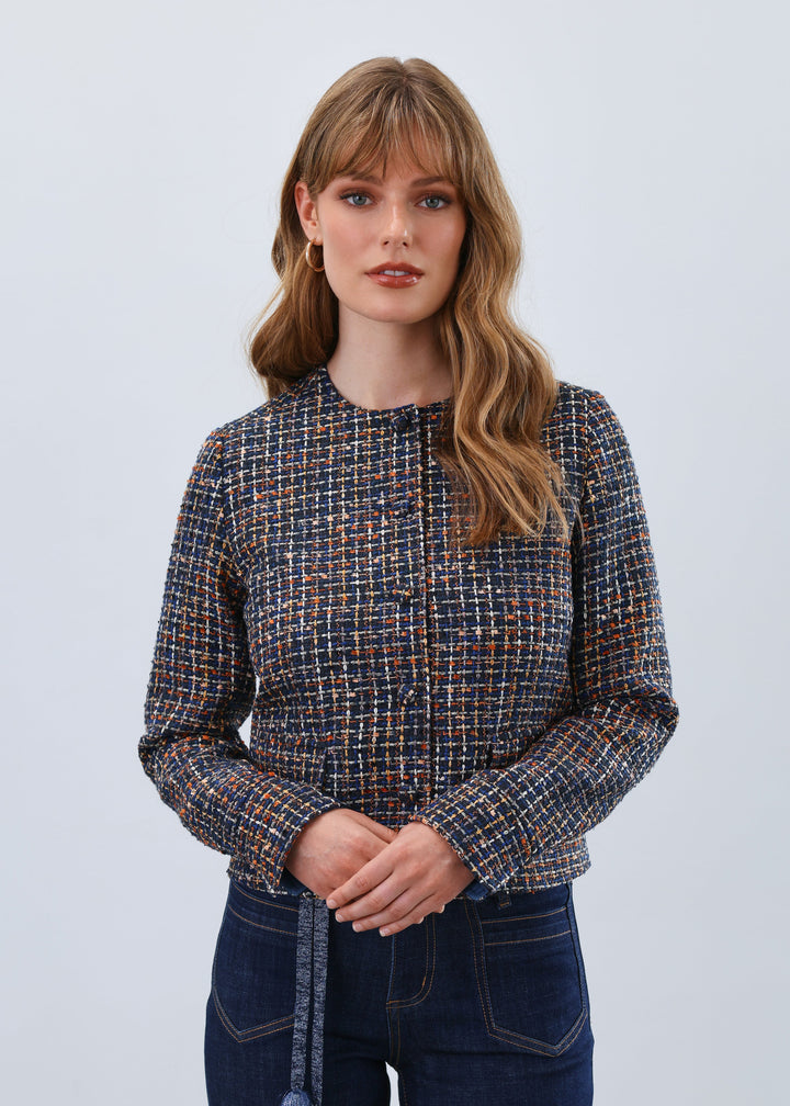 TWEED COLLARLESS JACKET - NAVY