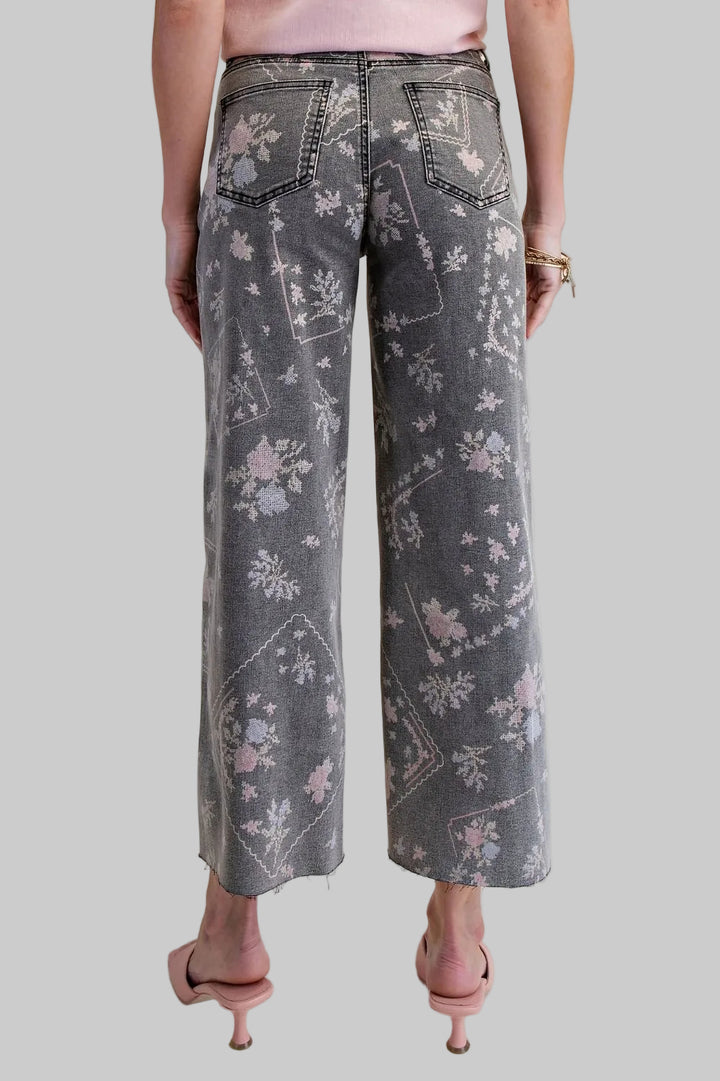 PRINTED ENZYME WASHED STRETCH DENIM PANTS - BLACK DENIM
