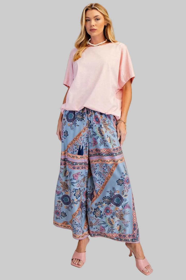 GEOMETRIC PRINT RAYON WIDE LEG PANTS - BLUE