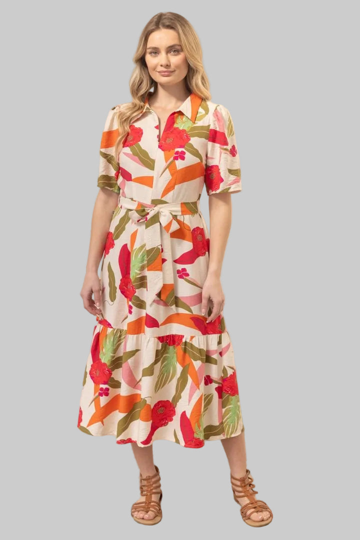 SHORT BUBBLE SLEEVE ZIP FRONT FLORAL MIDI DRESS - CREAM