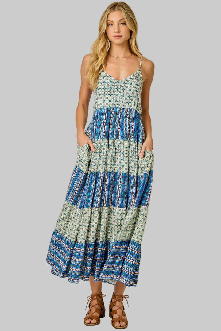 COLOR BLOCKED BOHO CHALLIS TIERED SUN DRESS - SAGE/BLUE