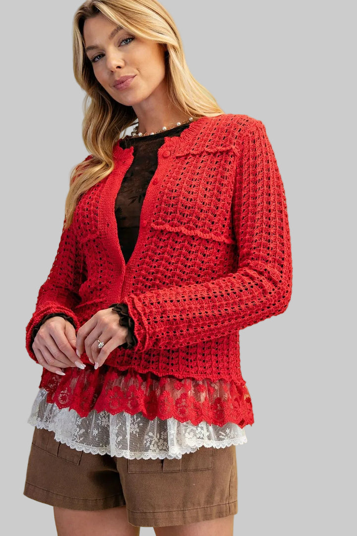 L/S LACE BOTTOM KNIT CARDIGAN - RED