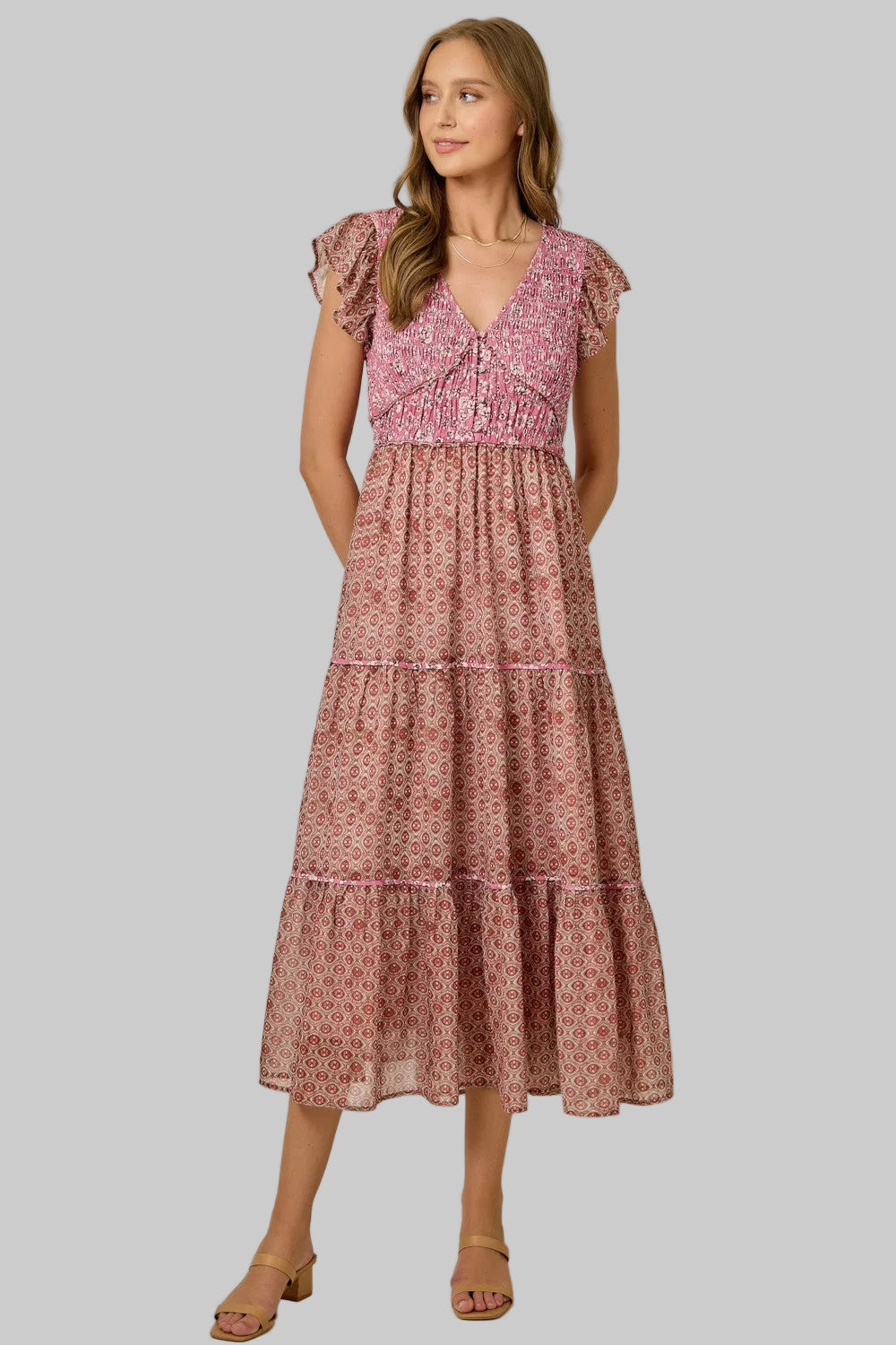 FLUTTER SLEEVE CHIFFON MIXED PRINT MIDI DRESS - RASPBERRY