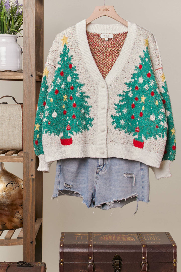 MERRY PINE TREE V-NECK KNIT CARDIGAN - IVORY