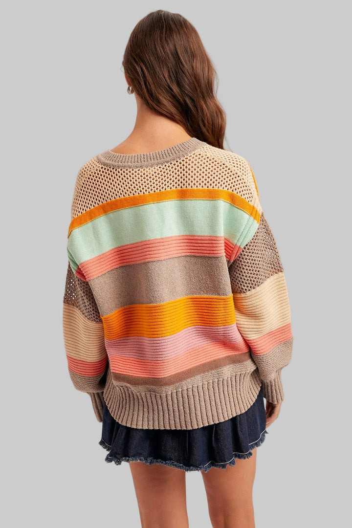 STRIPED COLOR BLOCKED SWEATER - MOCHA/MINT/CORAL