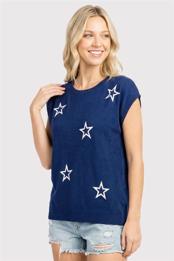 SHORT SLEEVE STAR EMBROIDERED PULLOVER - NAVY