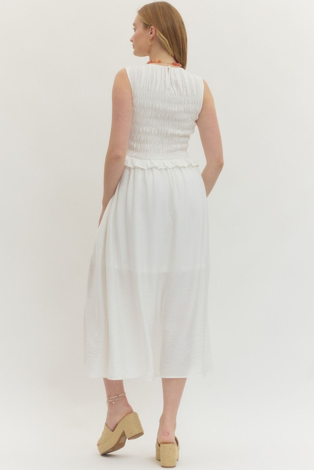 SLEEVELESS SMOCKED BODICE MAXI DRESS - IVORY