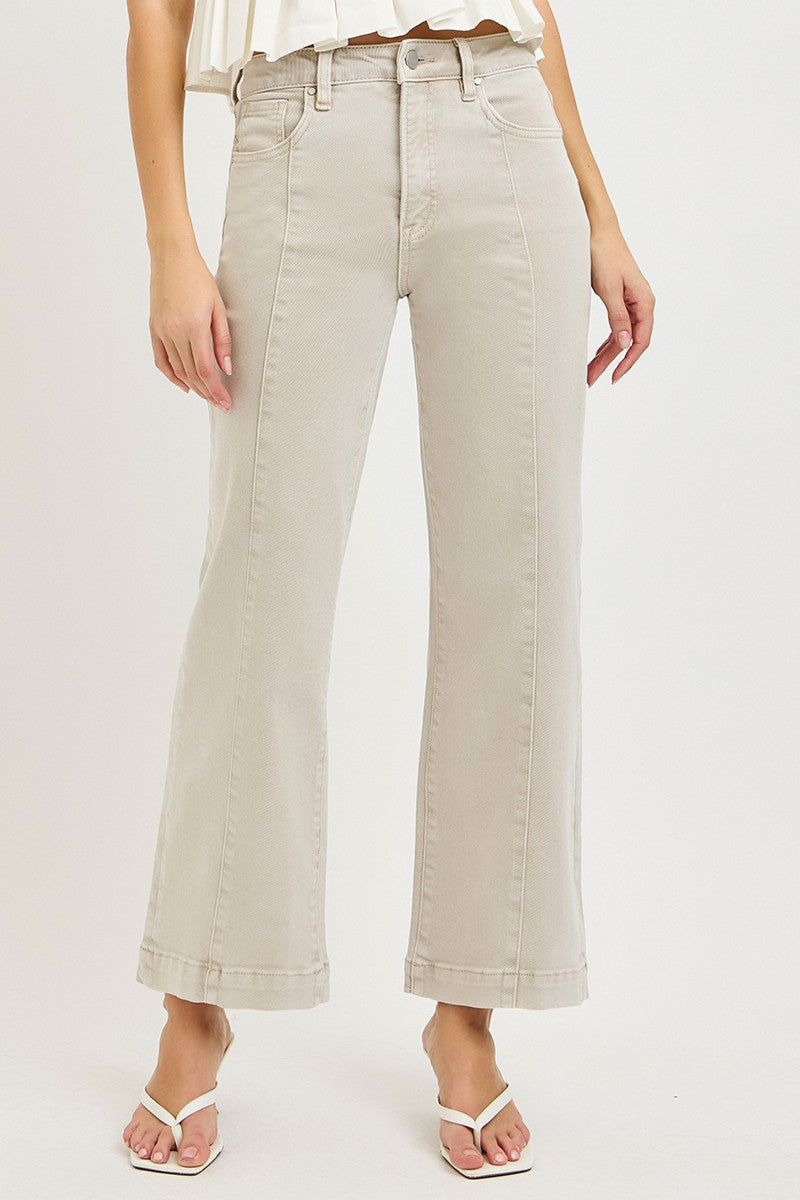 RISEN TUMMY CONTROL HR CROP WIDE LEG JEANS - 27.5" INSEAM - ALMOND