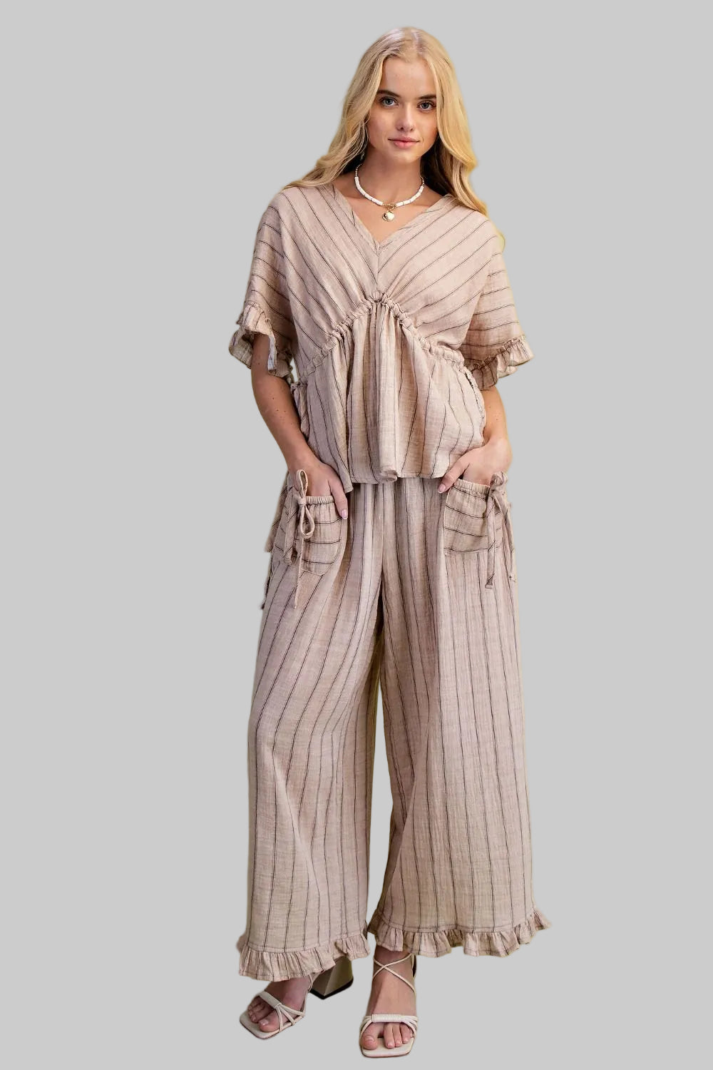 WING SLEEVE STRIPED COTTON GAUZE TOP - MOCHA