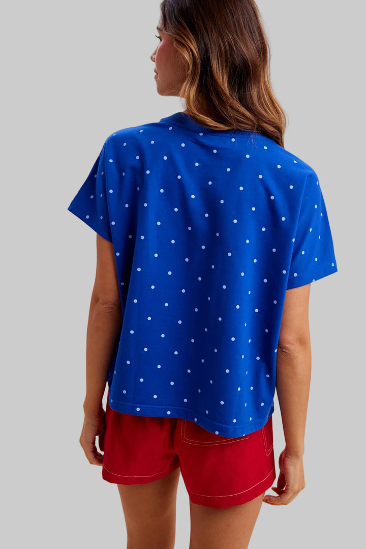 SHORT SLEEVE AMERICA PATCH POLKA DOT TOP - BLUE