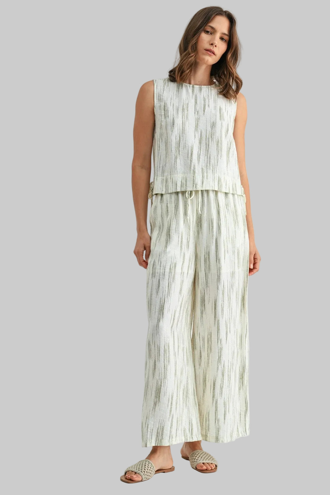 LINEN PRINTED FLOWY WIDE LEG PANTS - SAGE