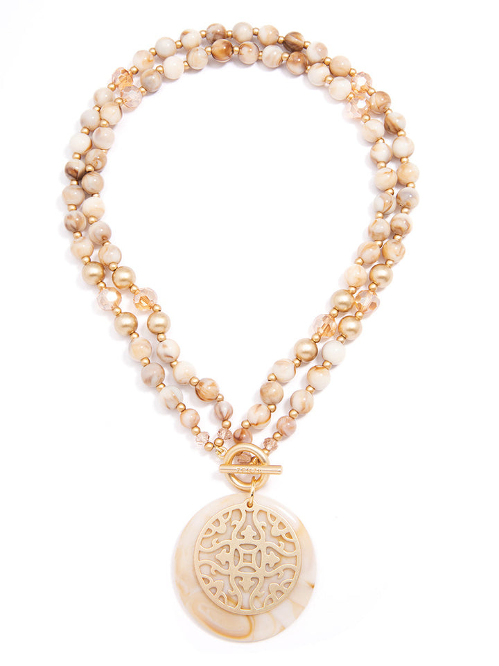 MARBLED RESIN BEADED PENDANT NECKLACE - BEIGE