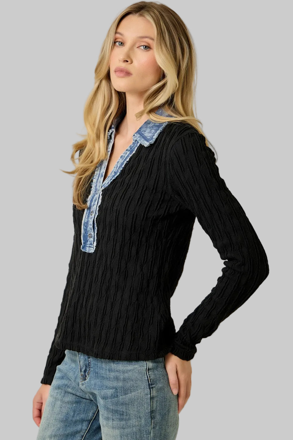 DENIM MIXED TEXTURED KNIT HENLEY TOP - BLACK