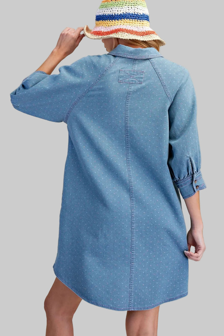 3/4 SLEEVE DENIM SHIRT SHORT DRESS - WASHED DENIM