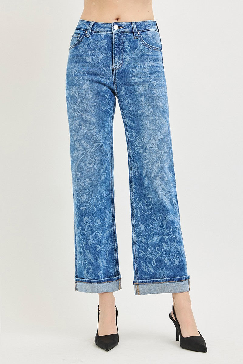 RISEN MR ANKLE STRAIGHT LEG PRINTED JEANS - MEDIUM - 28"/30" INSEAM