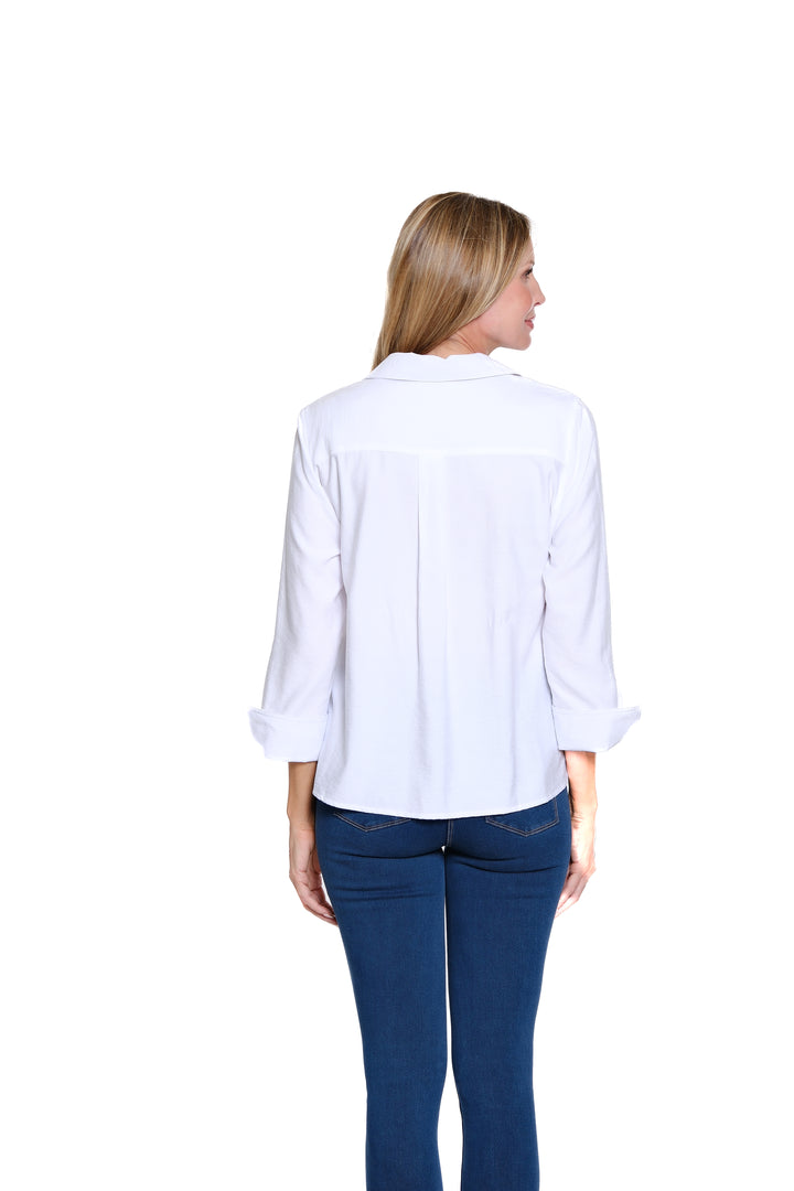 TURN-UP CUFF 3/4 SLEEVE SCALLOP BUTTON FRONT SHIRT - WHITE