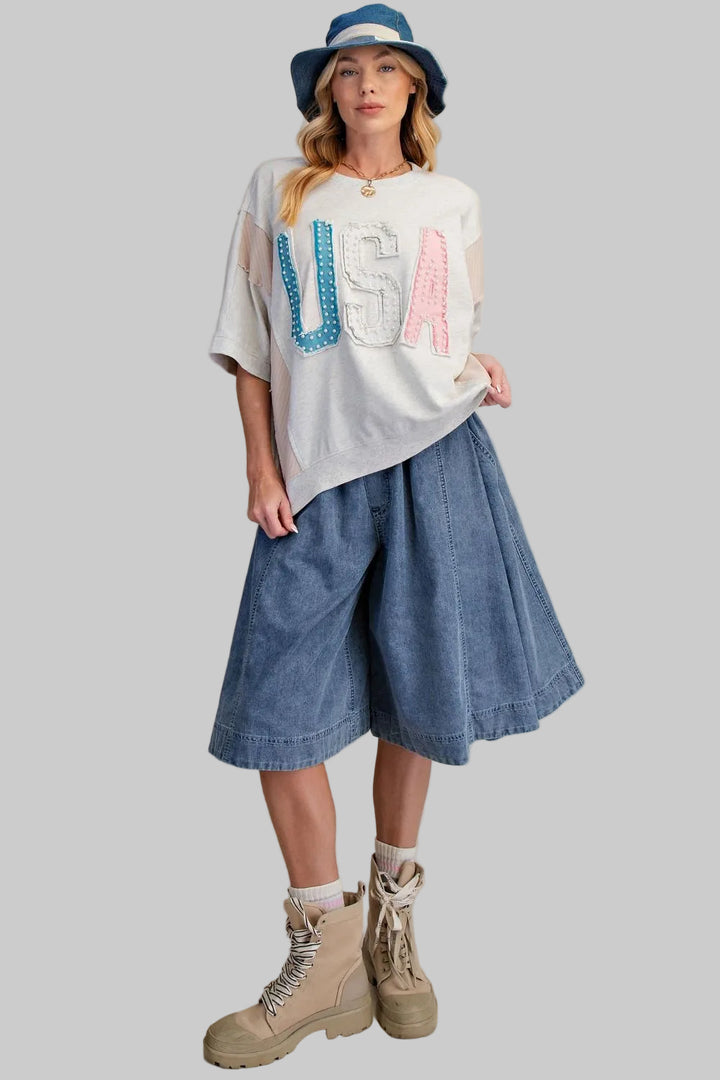 SHORT SLEEVE USA PATCH WASHED TERRY TOP - HEATHER GREY