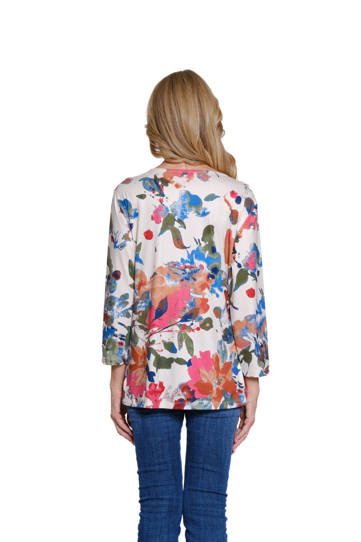 3/4 SLEEVE SCOOP NECK MULTI-PANEL TOP - BEIGE/WATER COLOR FLORAL