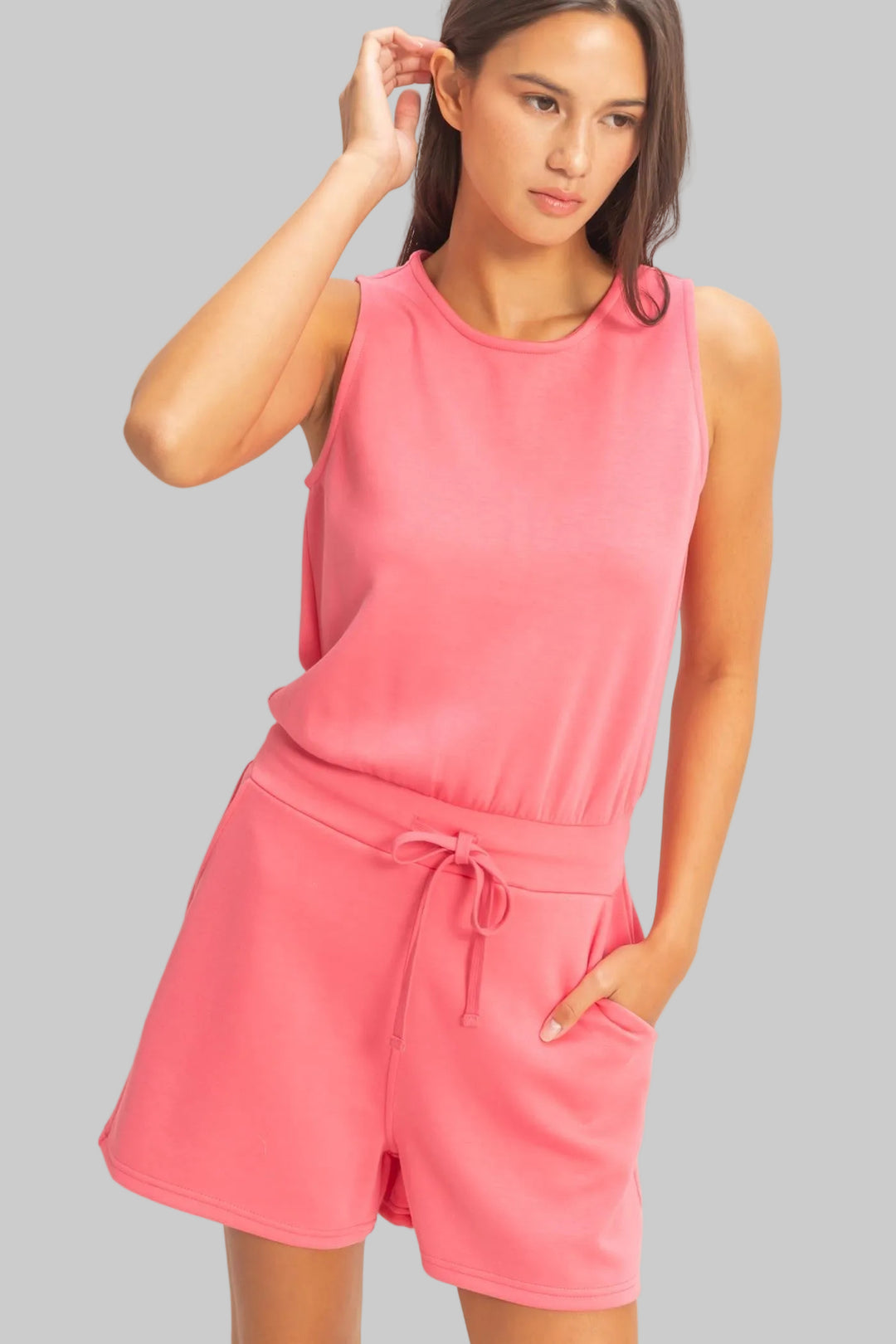 SLEEVELESS DRAWSTRING WAIST ROMPER - TAFFY PINK