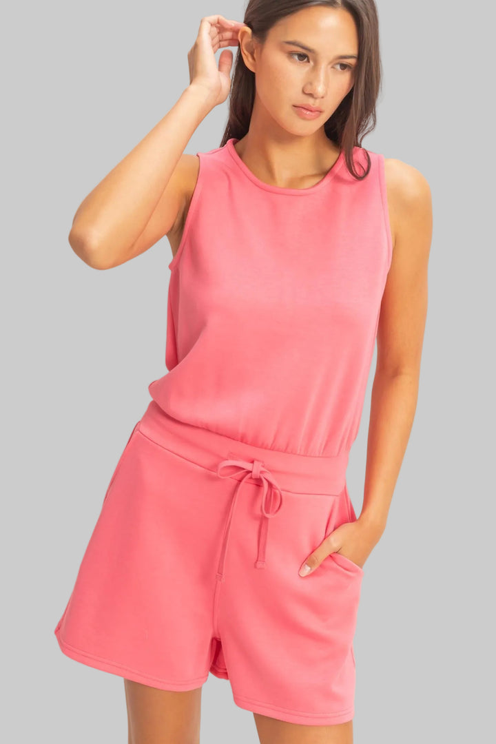 SLEEVELESS DRAWSTRING WAIST ROMPER - TAFFY PINK