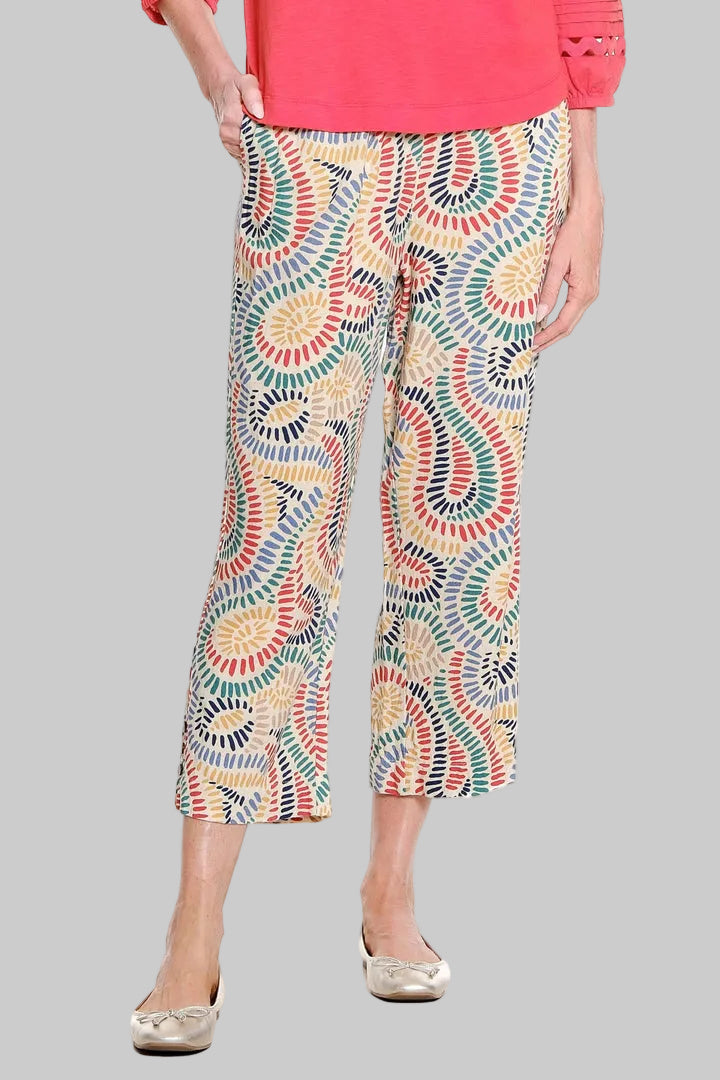 ELASTIC SHIRRED WAIST P/O CROP PANTS - DASH PRINT NAVY/YELLOW