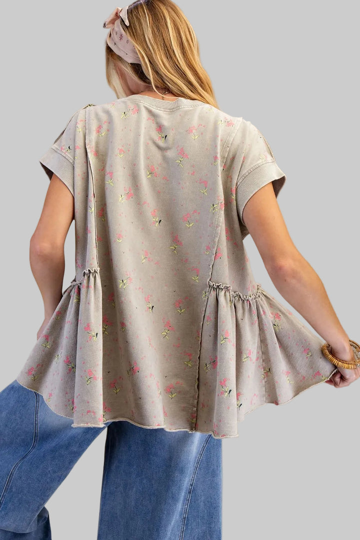 FLORAL PRINTED WASHED TERRY TUNIC TOP - ROCK STONE