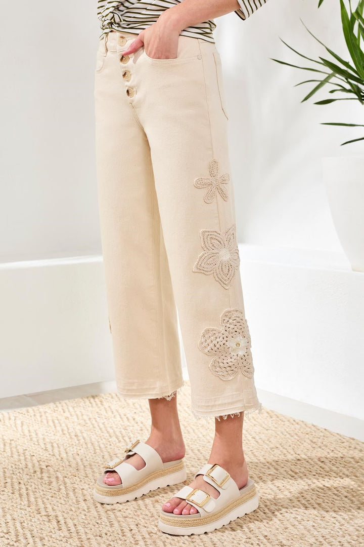 AUDREY BUTTON FLY WIDE CROP W/CROCHET PANTS - ECRU