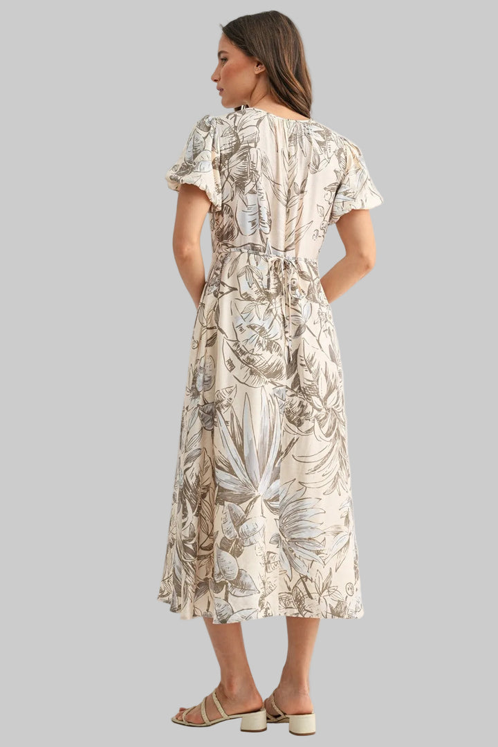 PUFF SLEEVE LEAF PRINT MIDI DRESS - NATURAL/OLIVE