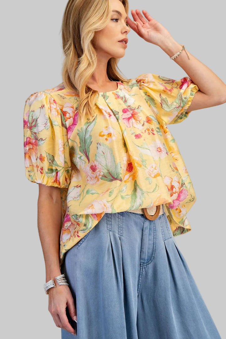 PUFF SHORT SLEEVE FLORAL BOW BACK TOP - YELLOW