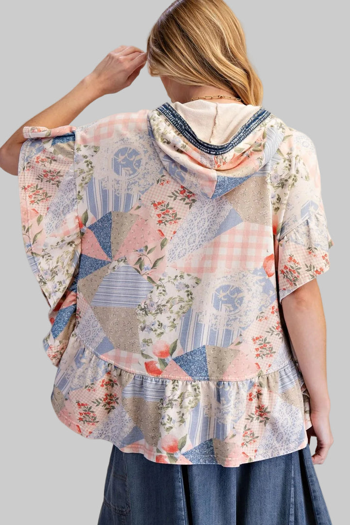 PATCHWORK MIX FLORAL/GEO PRINT PEPLUM TOP - BLUSH