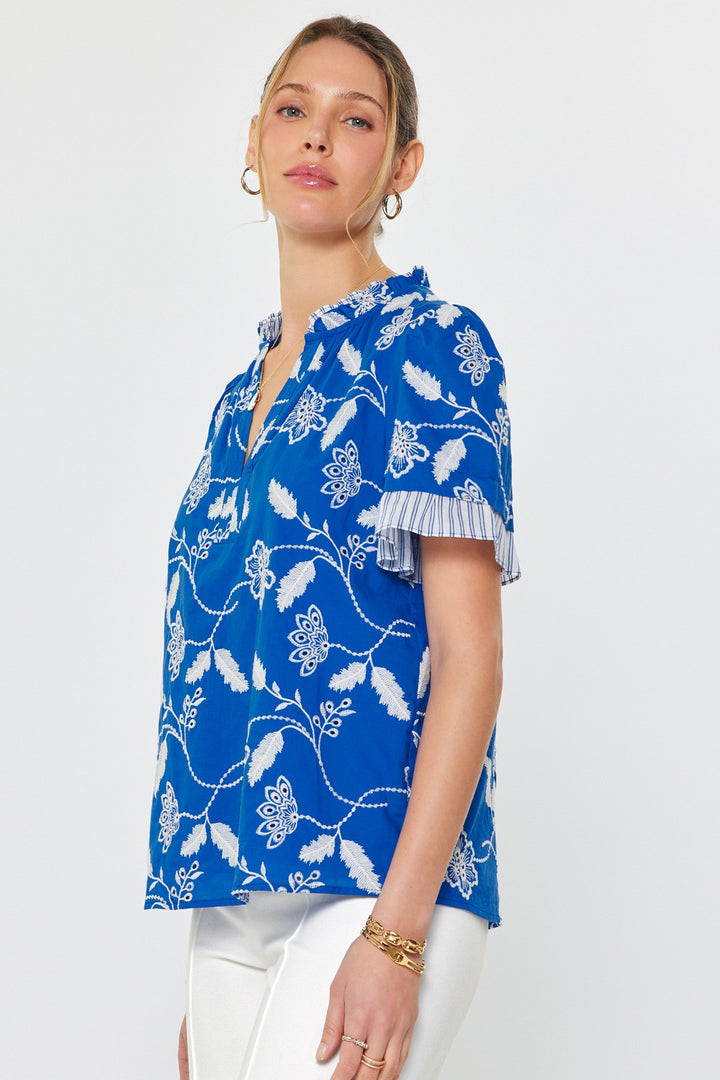 SHORT SLEEVE BOTANICAL EMBROIDERY BLOUSE - BLUE
