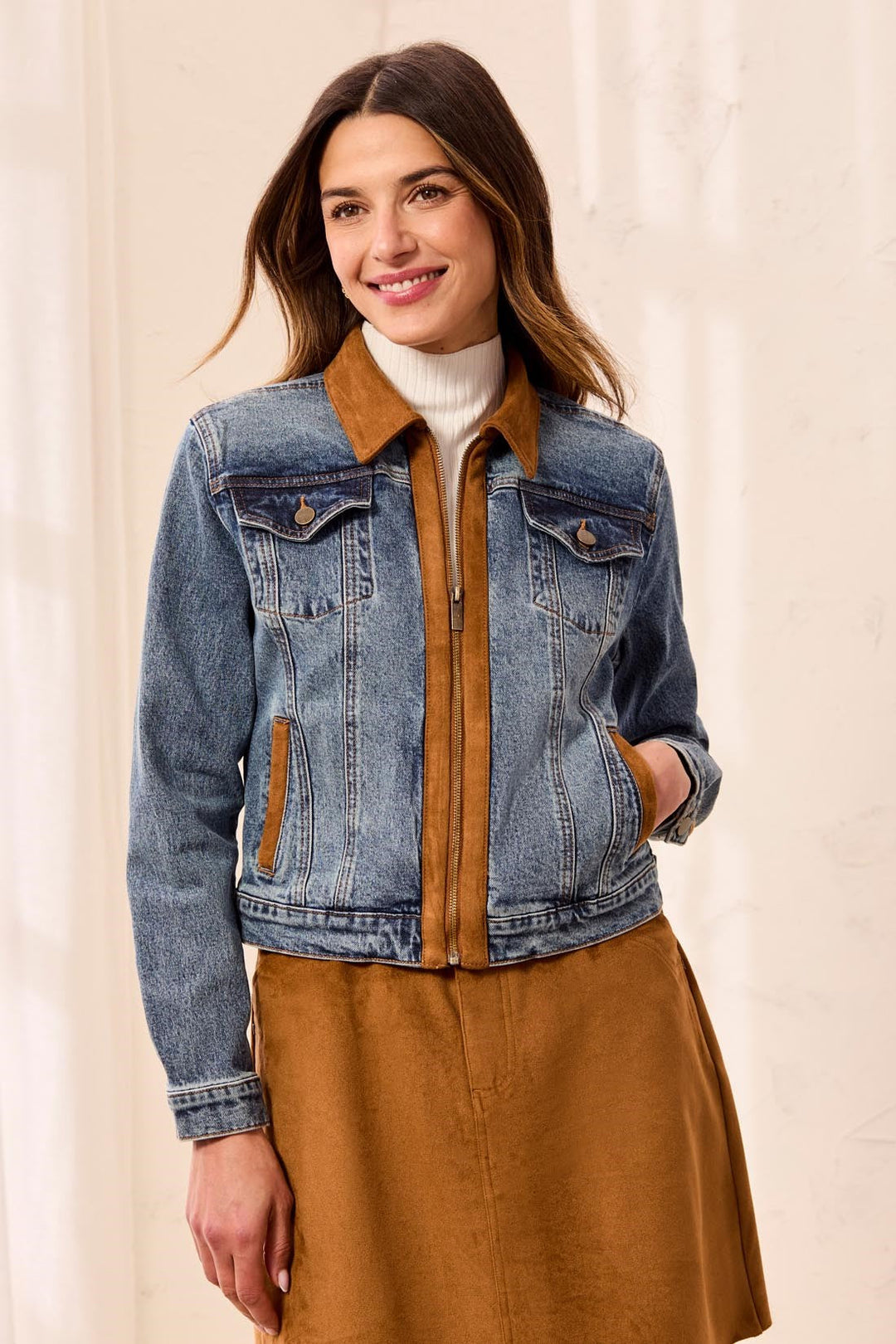 LONG SLEEVE ZIP FRONT DENIM JACKET WITH SUEDE - MOONLIGHT