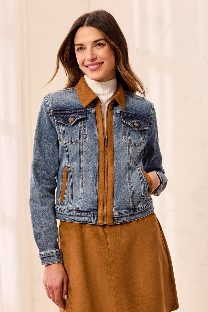 LONG SLEEVE ZIP FRONT DENIM JACKET WITH SUEDE - MOONLIGHT