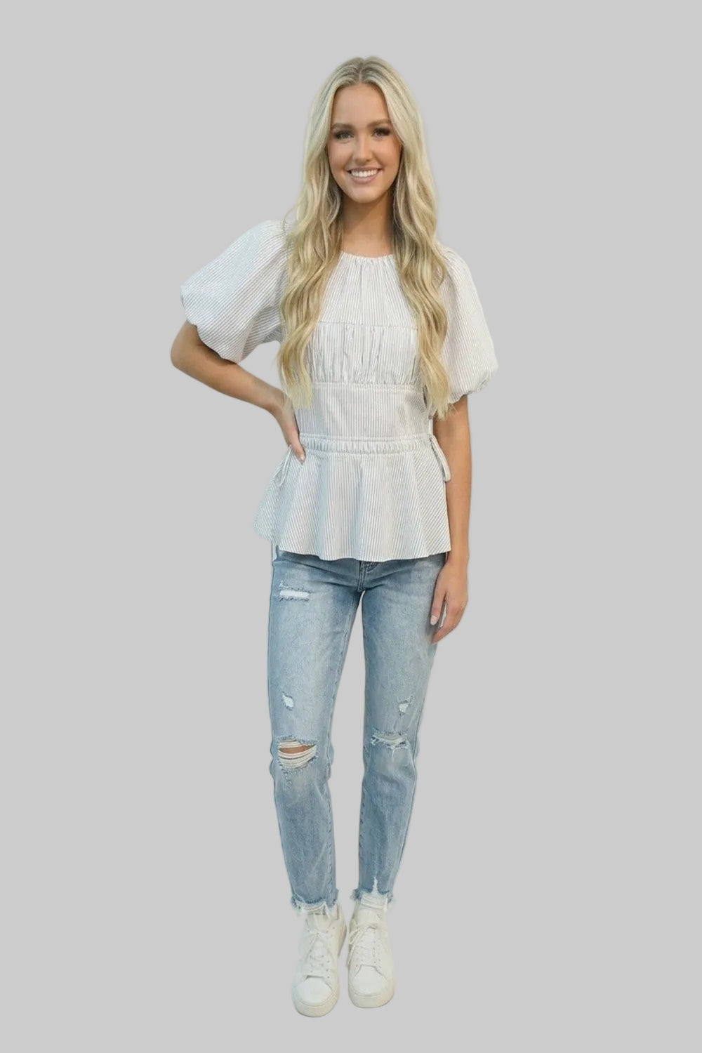 STRIPED PUFF SLEEVE SIDE BOW BLOUSE - WHITE/BLACK