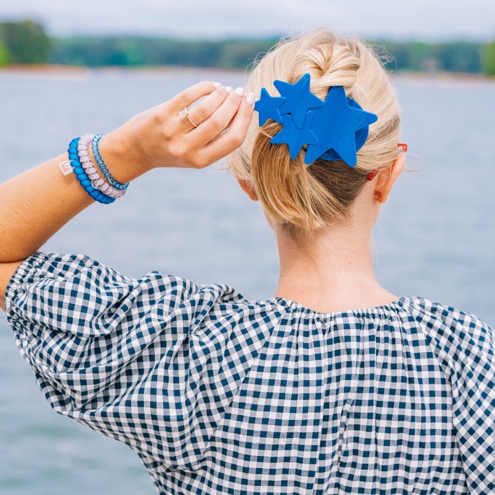 TELETIES LARGE FLAT HAIR CLIP - BLUE SHOOTING STARS