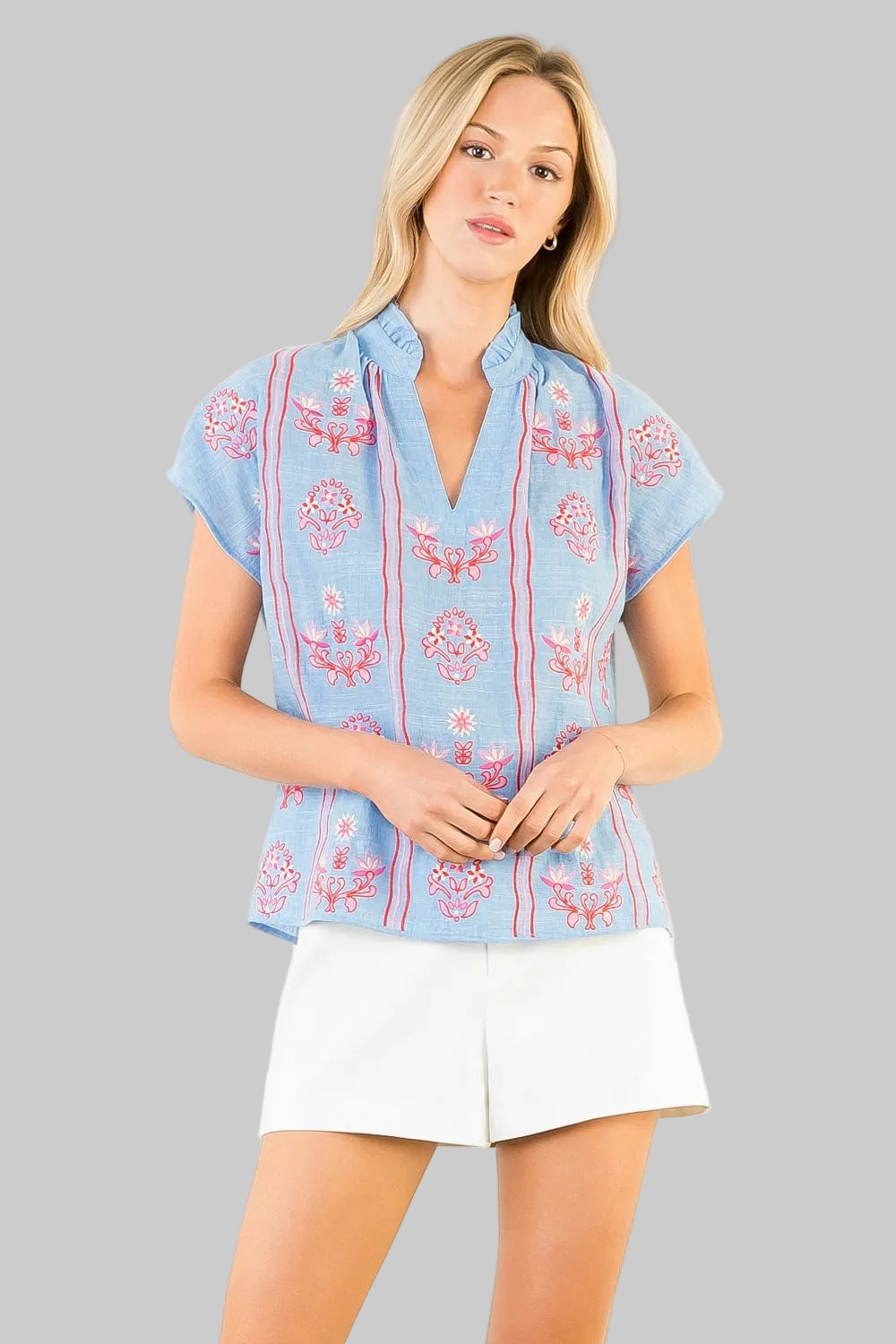 SHORT SLEEVE SPLIT V-NECK PATTERN TOP - BLUE