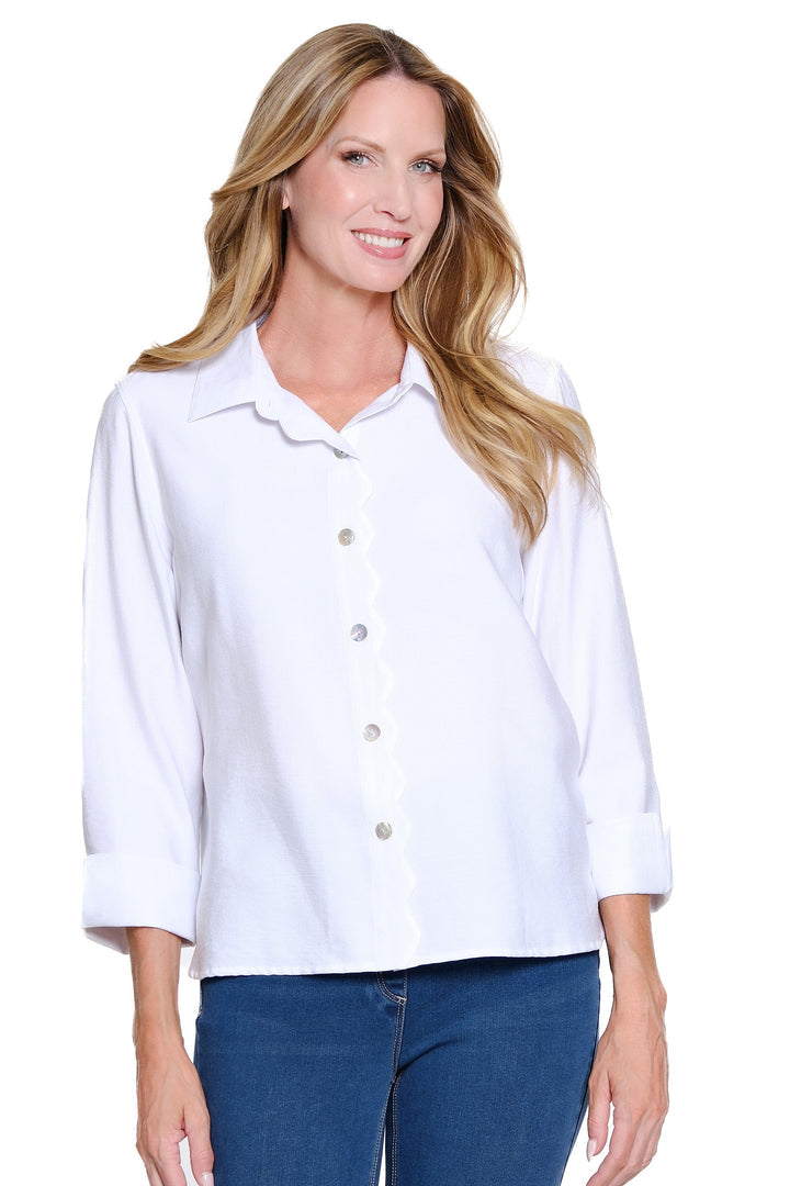 TURN-UP CUFF 3/4 SLEEVE SCALLOP BUTTON FRONT SHIRT - WHITE