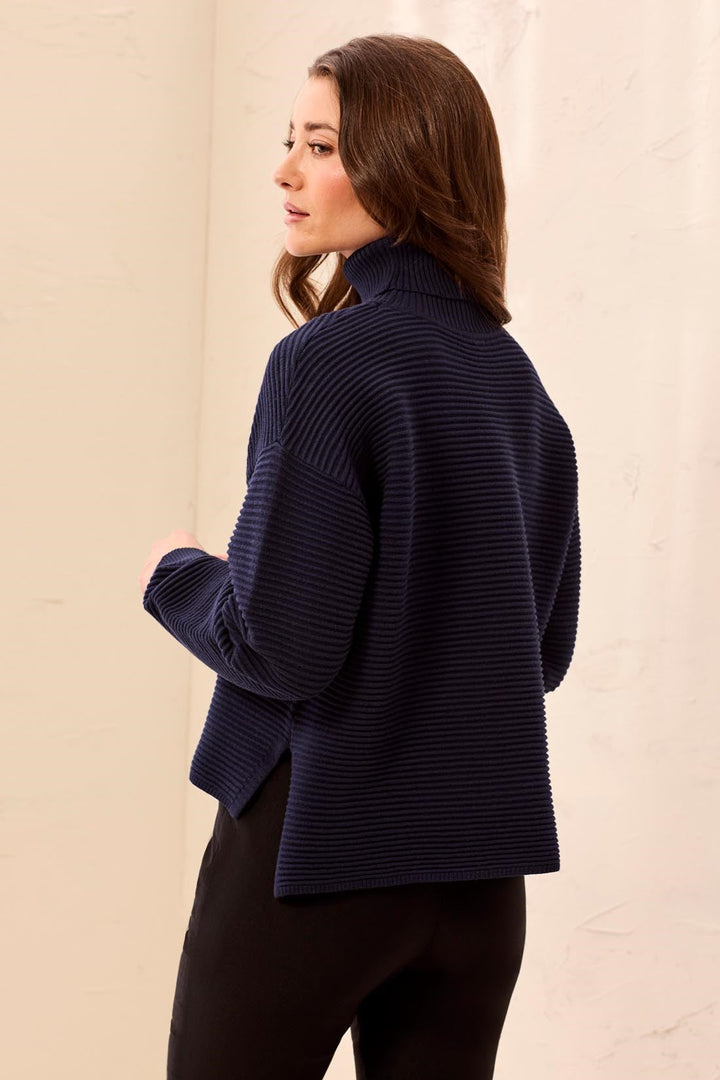 LONG SLEEVE T-NECK HIGH LOW SWEATER WITH SIDE SLITS - NIGHTFALL