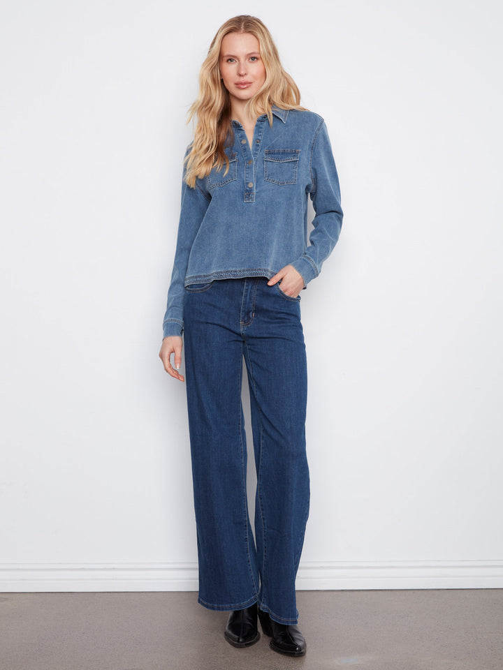 LONG SLEEVE TENCEL DENIM HALF PLACKET SHIRT - MEDIUM BLUE