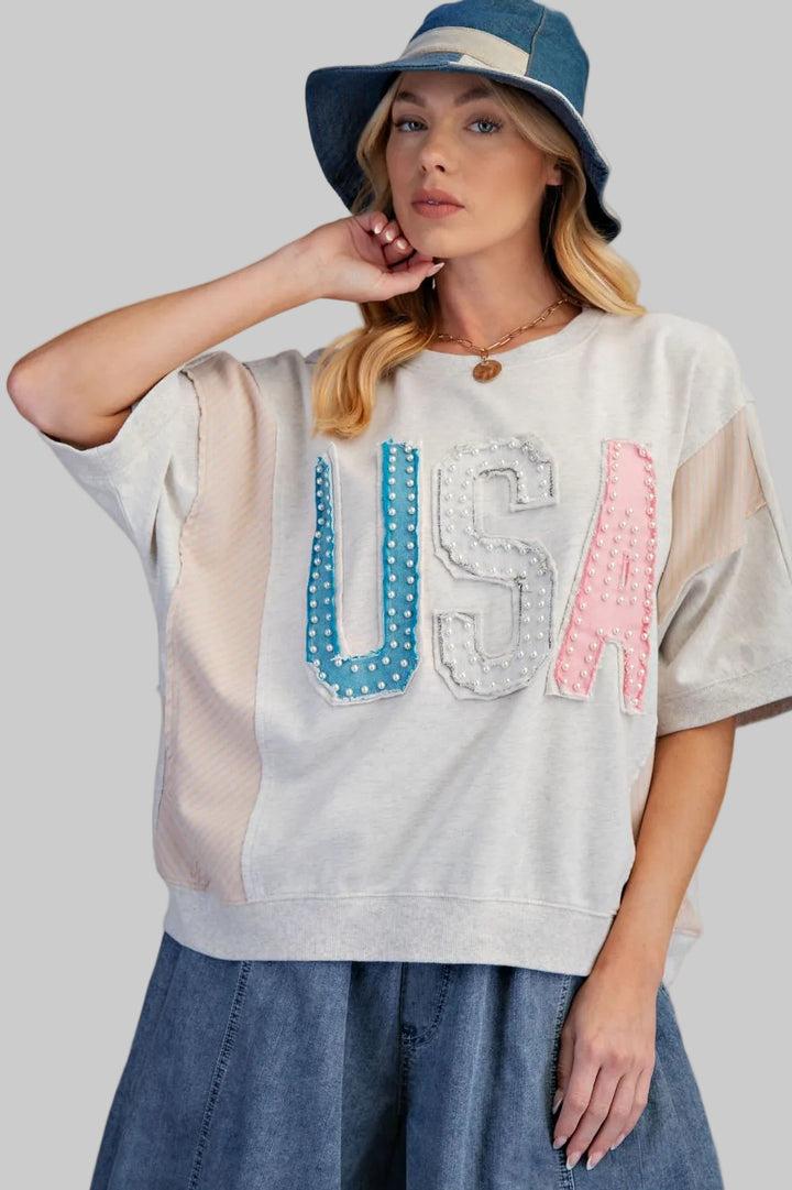 SHORT SLEEVE USA PATCH WASHED TERRY TOP - HEATHER GREY