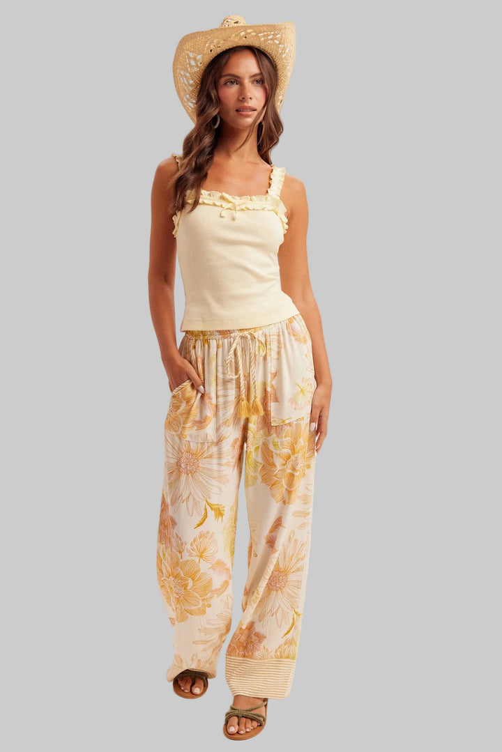 STRIPE CONTRAST FLORAL PRINT PANTS - CREAM/MUSTARD