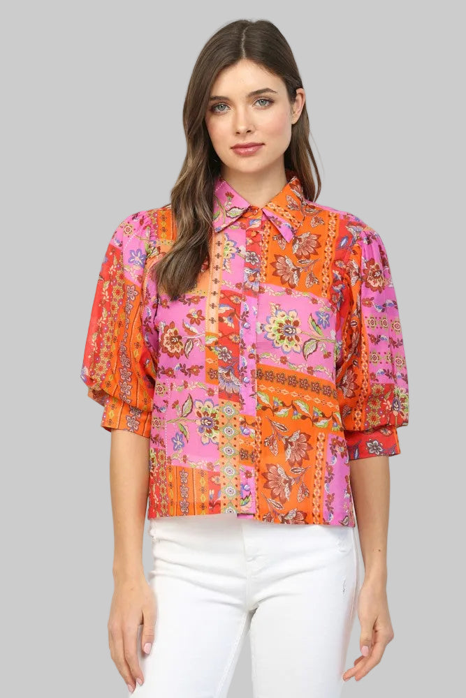 BALLOON SLEEVE FLORAL MOTIF PATCHWORK BLOUSE - FUCHSIA